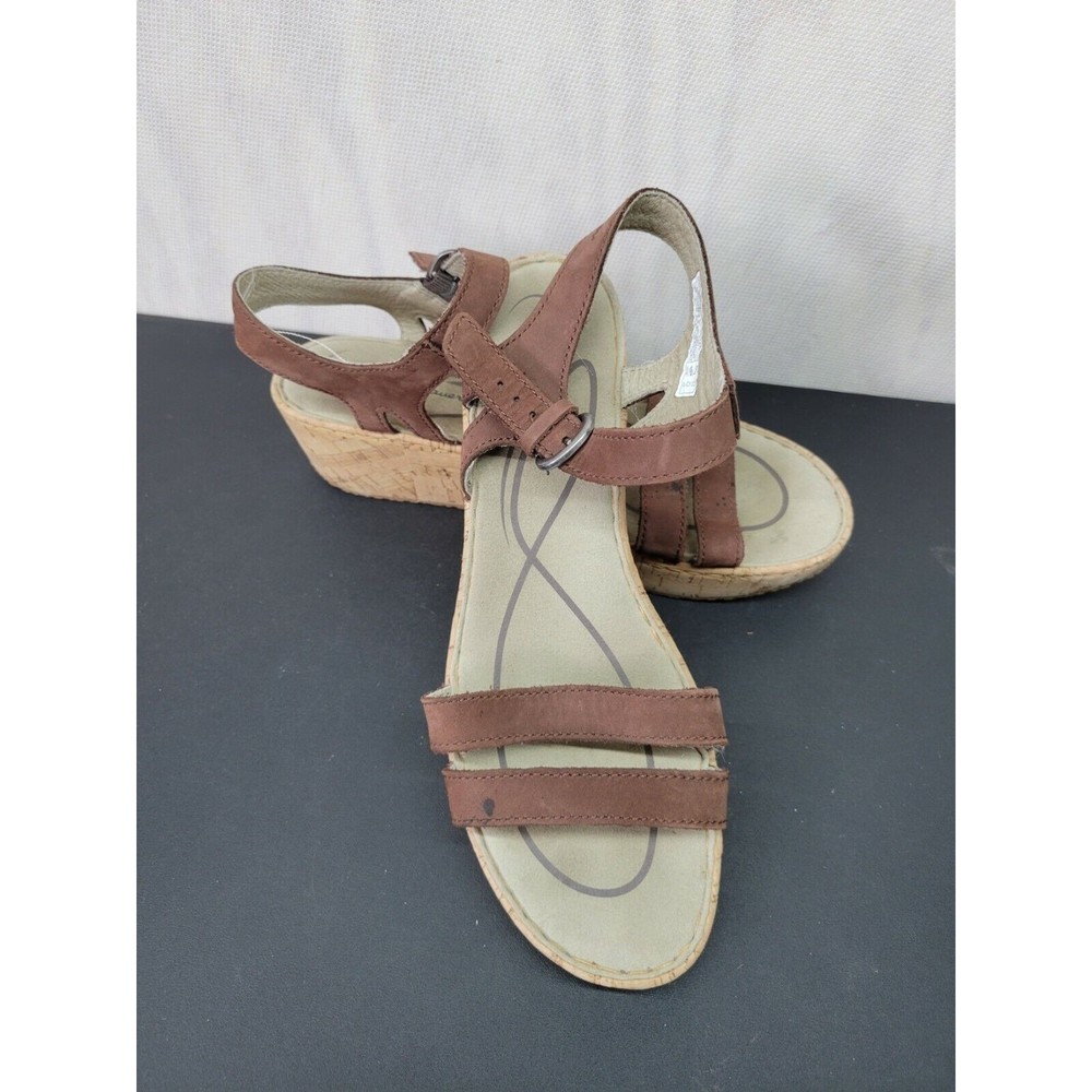 Eddie Bauer Women's SZ 8.5 Leather Cork Wedges Open Toe Sandals Ankle Buckle